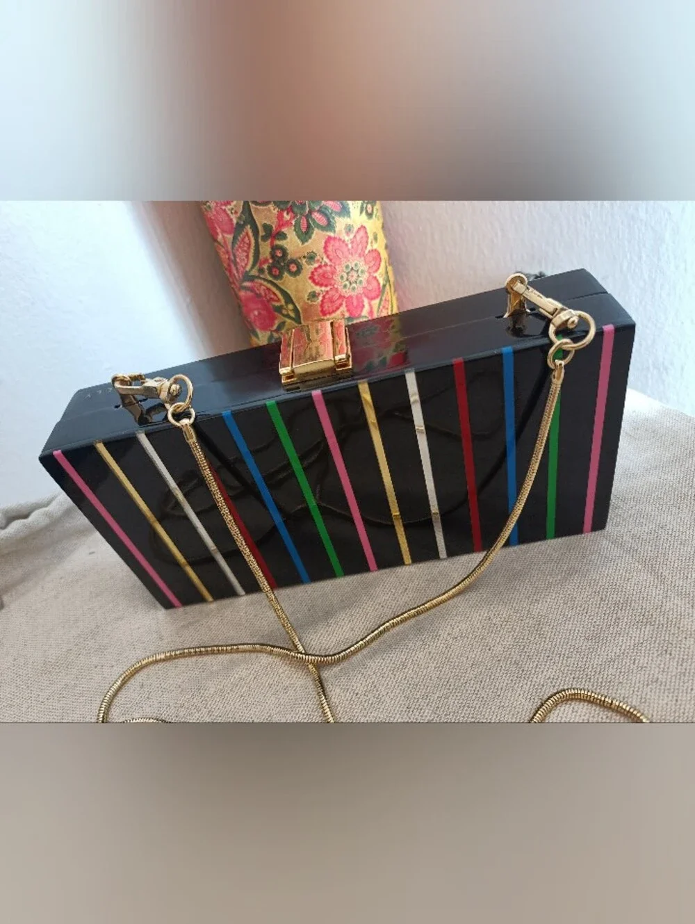 Milly Minaudie're Acrylic Black Jeweled Box Clutch with Gold Chain Link Strap
